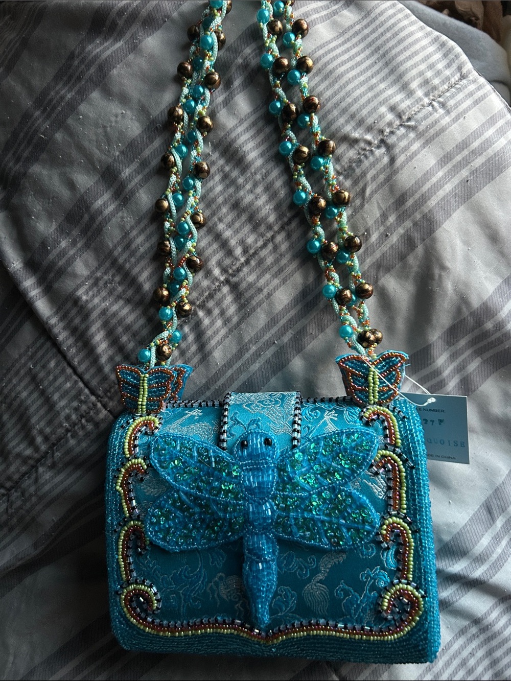 Beaded Turquoise Dragonfly Crossbody Bag - Artisan Style